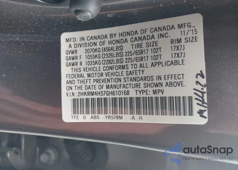 2016 Honda Cr-V Ex from USA, damaged, VIN 2HKRM4H57GH610168